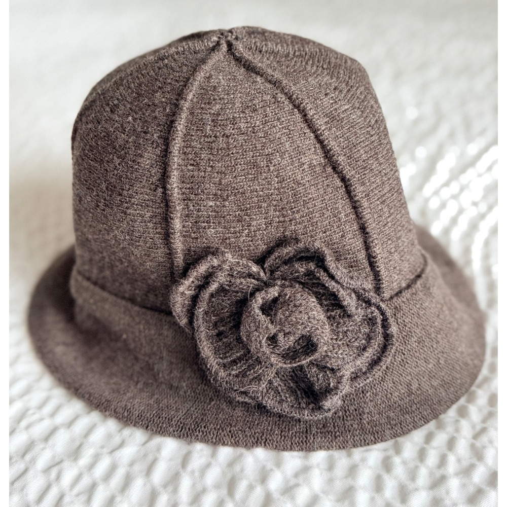 Liz Claiborne Wool Cloche Hat Brown Coquette Rosette Flower